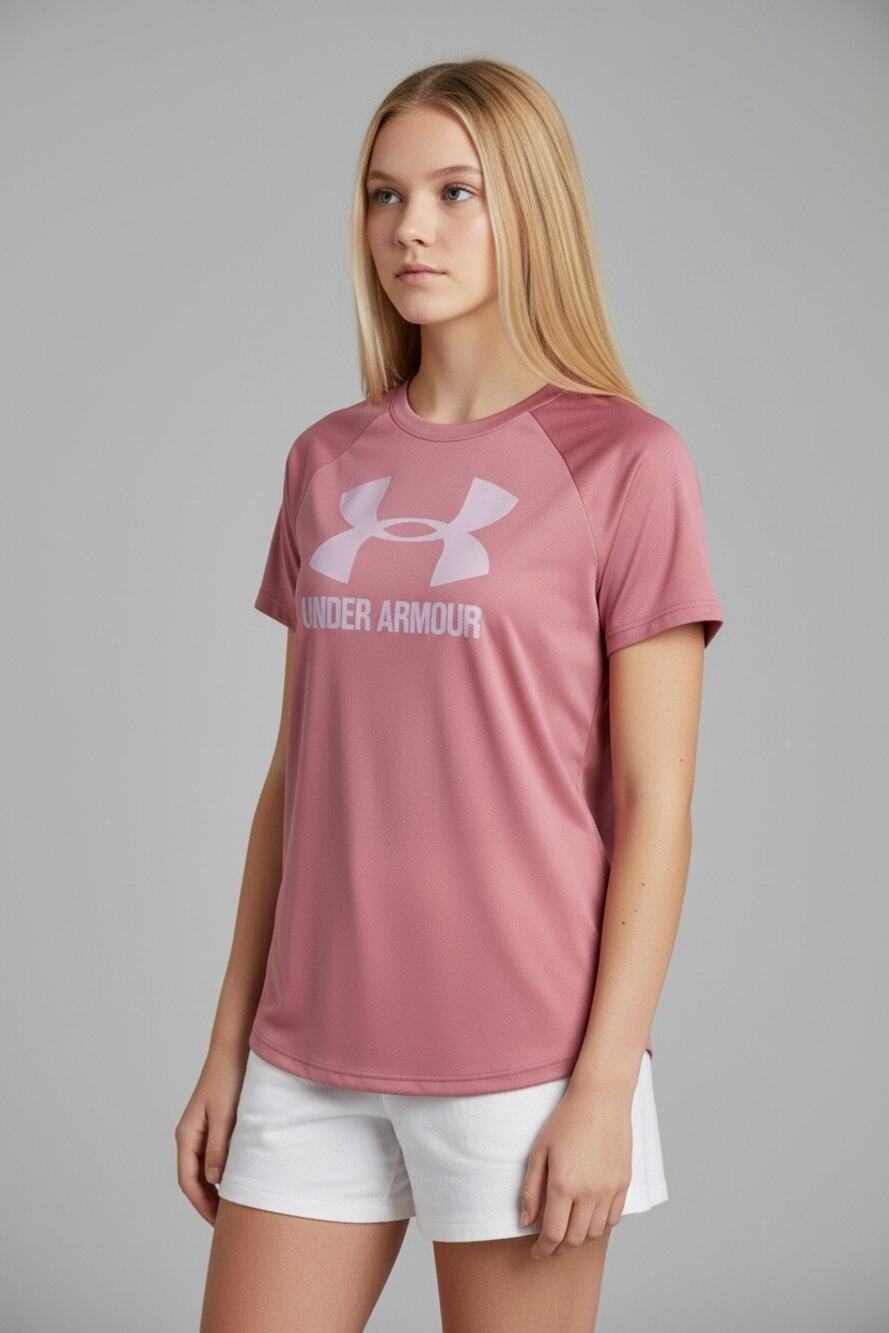 Under Armour HeatGear Girls Medium Pink Short Sleeve Athletic Logo Shirt YMD